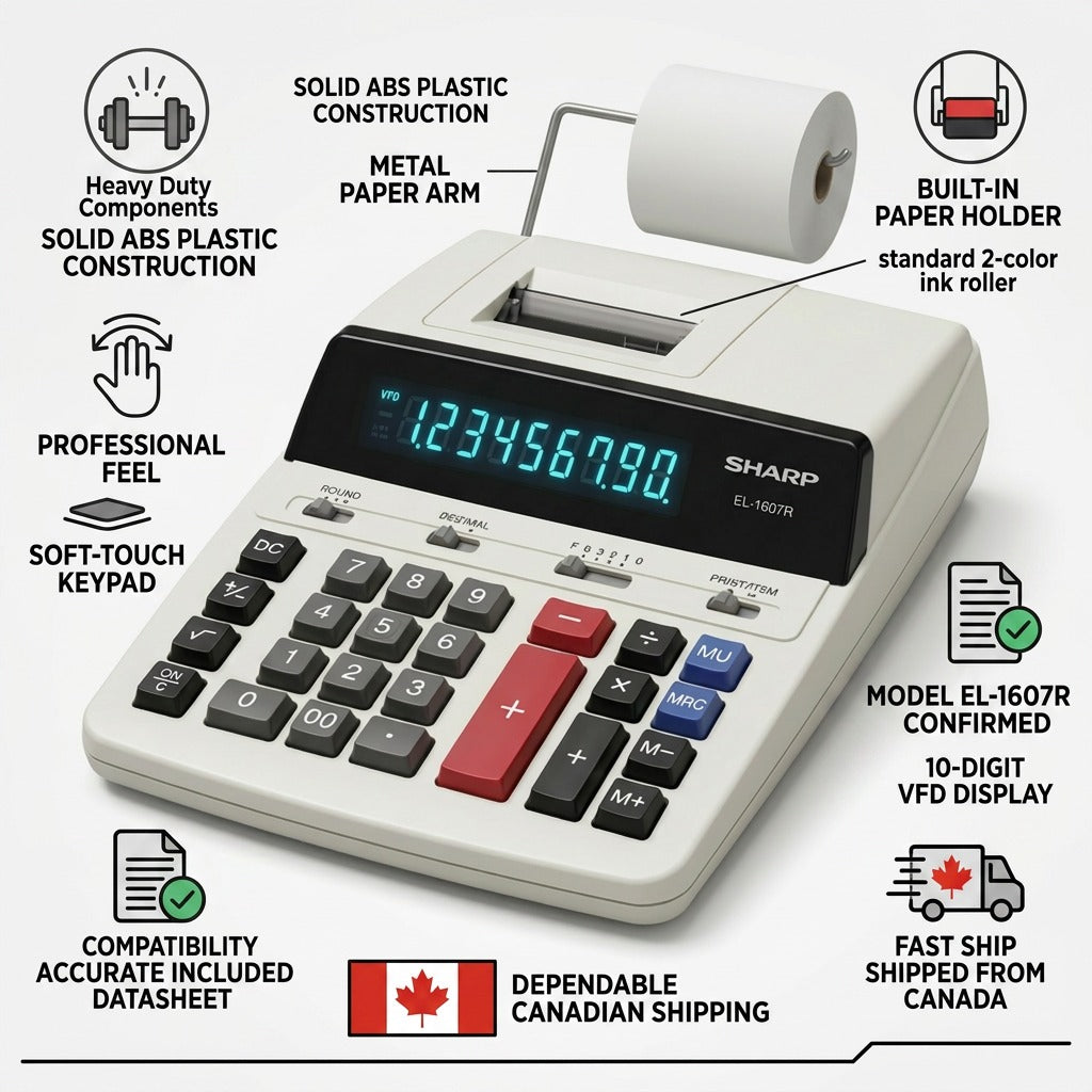 Sharp EL-1607R Trust & Authority Infographic with factual product highlights and fast Canadian shipping.
