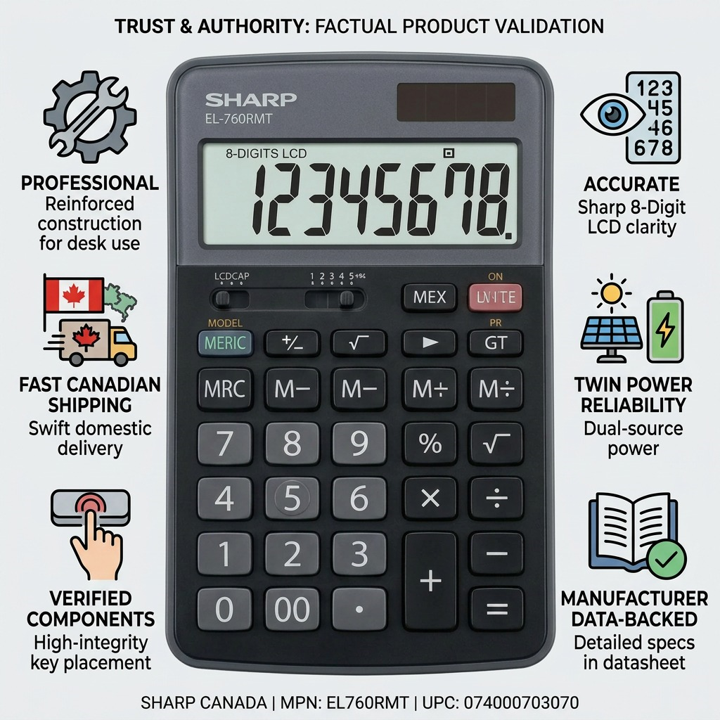 A clean infographic featuring the SHARP EL-760RMT calculator with factual Trust & Authority icons.
