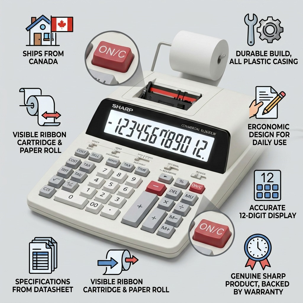 An infographic with the SHARP EL2630LW calculator, highlighting its durable build, fast Canadian shipping, and 12-digit accuracy.
