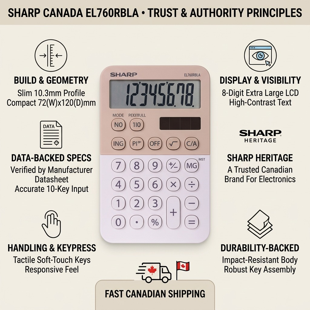 A trust and authority infographic featuring the SHARP EL760RBLA calculator with factual cues and icons.