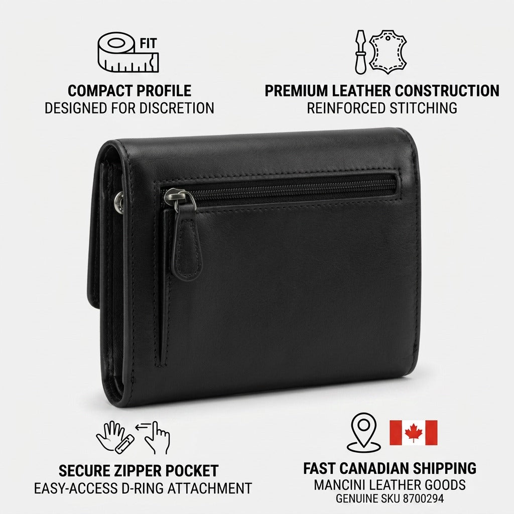 Mancini leather wallet infographic showcasing key features like premium construction with icons on a clean background.