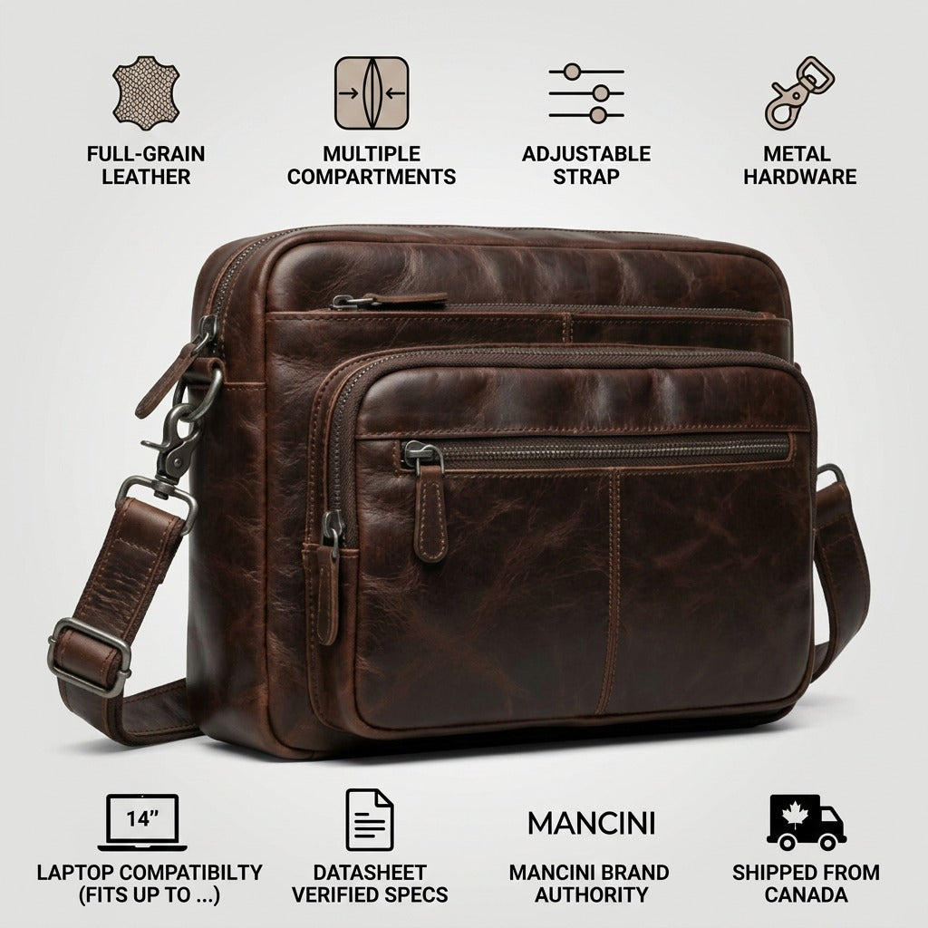 An ecommerce infographic featuring a Mancini leather messenger bag with icons for quality features and quick Canadian shipping.
