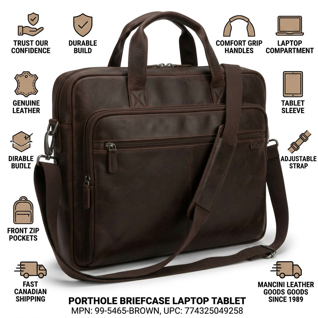 PDP visual for the Mancini PORTHOLE leather briefcase, in an infographic style highlighting quality, materials, and fast delivery from a neutral white background.