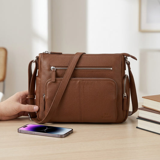 Realistic scale shot of the Mancini June Crossbody beside a hand holding a smartphone.