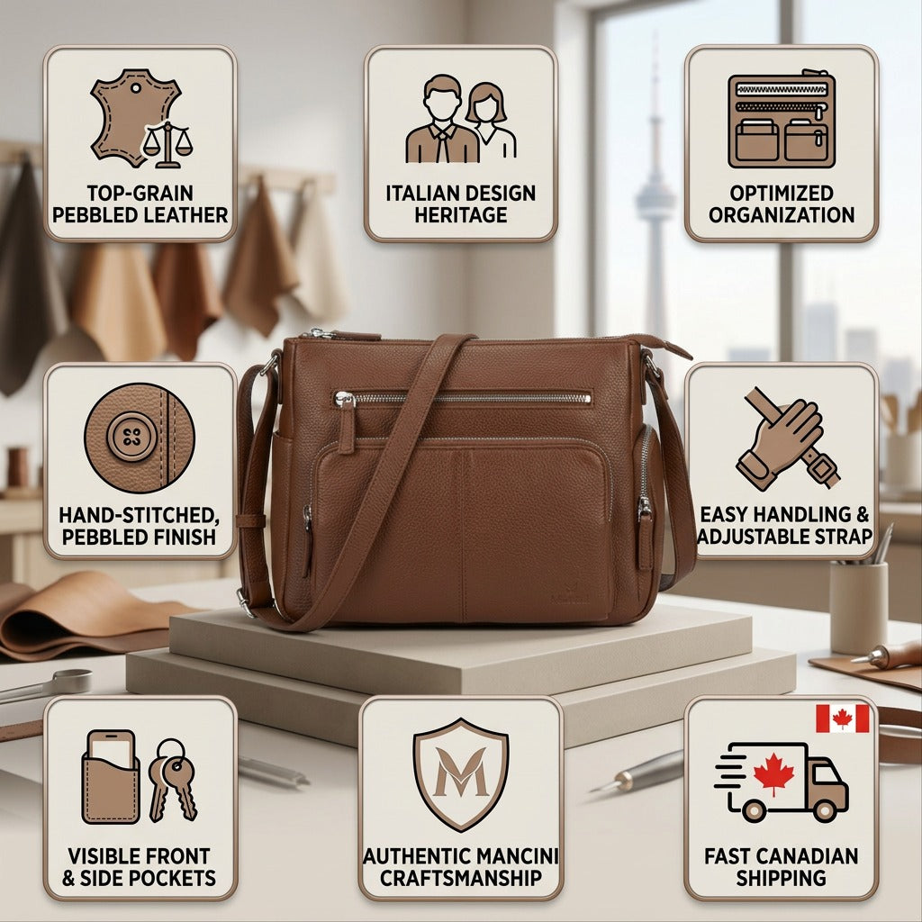 Trust and authority infographic visual matrix for Mancini crossbody bag with product features and shipping icons.