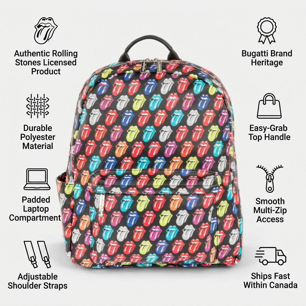 Visual infographic matrix for Bugatti BKP6003RS The Rolling Stones backpack, featuring trust icons for durability, authenticity, design, and fast Canadian shipping.