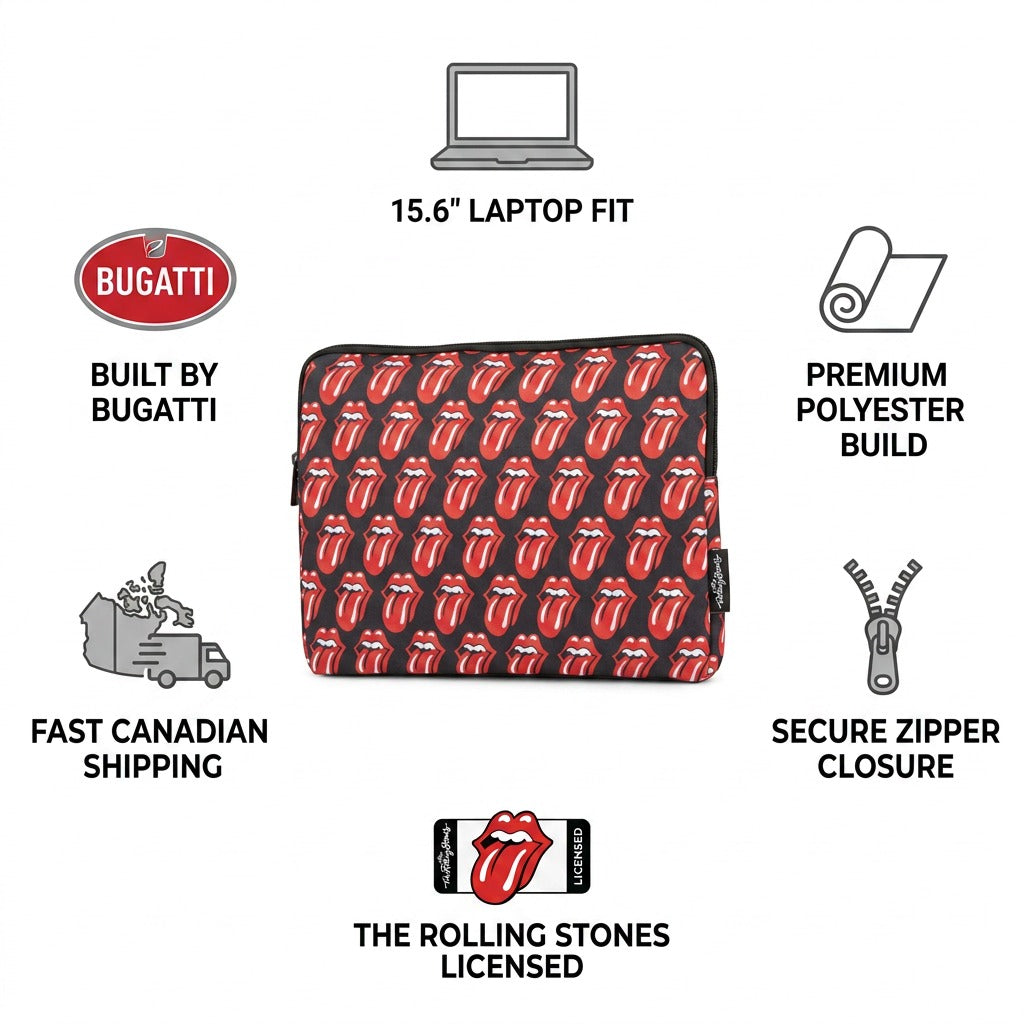 Trust and authority infographic matrix for Bugatti Rolling Stones laptop sleeve with product features and Canadian shipping.