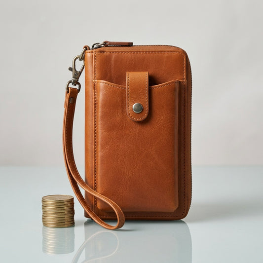 Scale reference photo showing the brown leather wallet next to a stack of standard Canadian dollar coins.