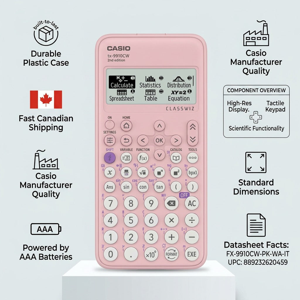 Pink Casio FX-9910CW ClassWiz scientific calculator infographic with features and Canadian shipping icons.