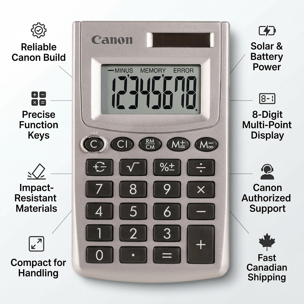 Canon LS-270L calculator infographic highlighting dual solar power, 8-digit display, and durable build.