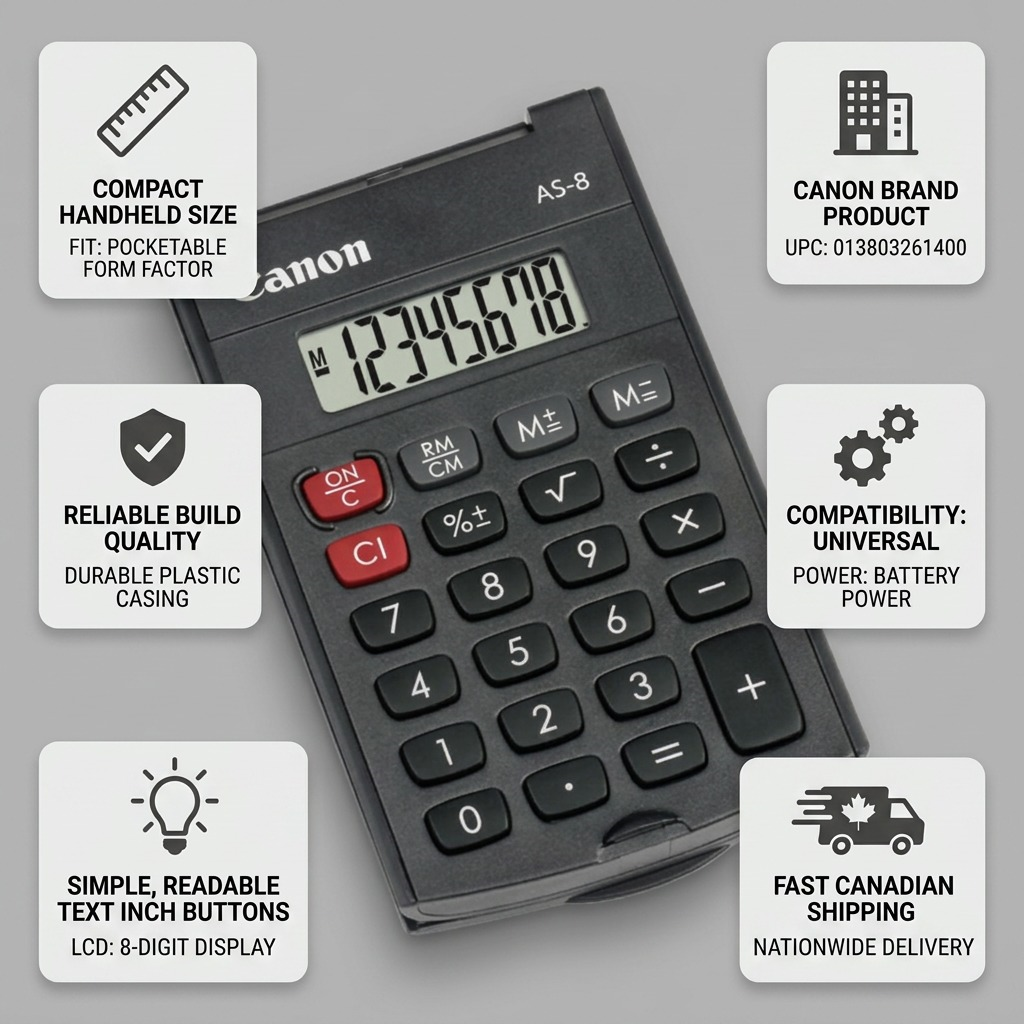 Canon AS-8 handheld calculator infographic highlighting compact size, durable build, and 8-digit LCD.