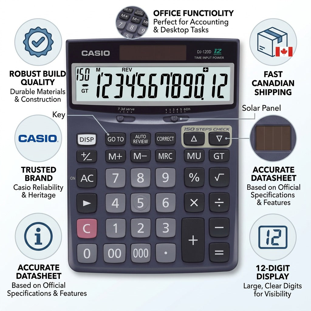 Casio DJ-120D desktop calculator infographic highlighting 12-digit display and durable build.