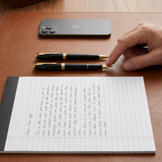 Parker Sonnet Duo pens on a desk next to a smartphone and notepad for scale reference.