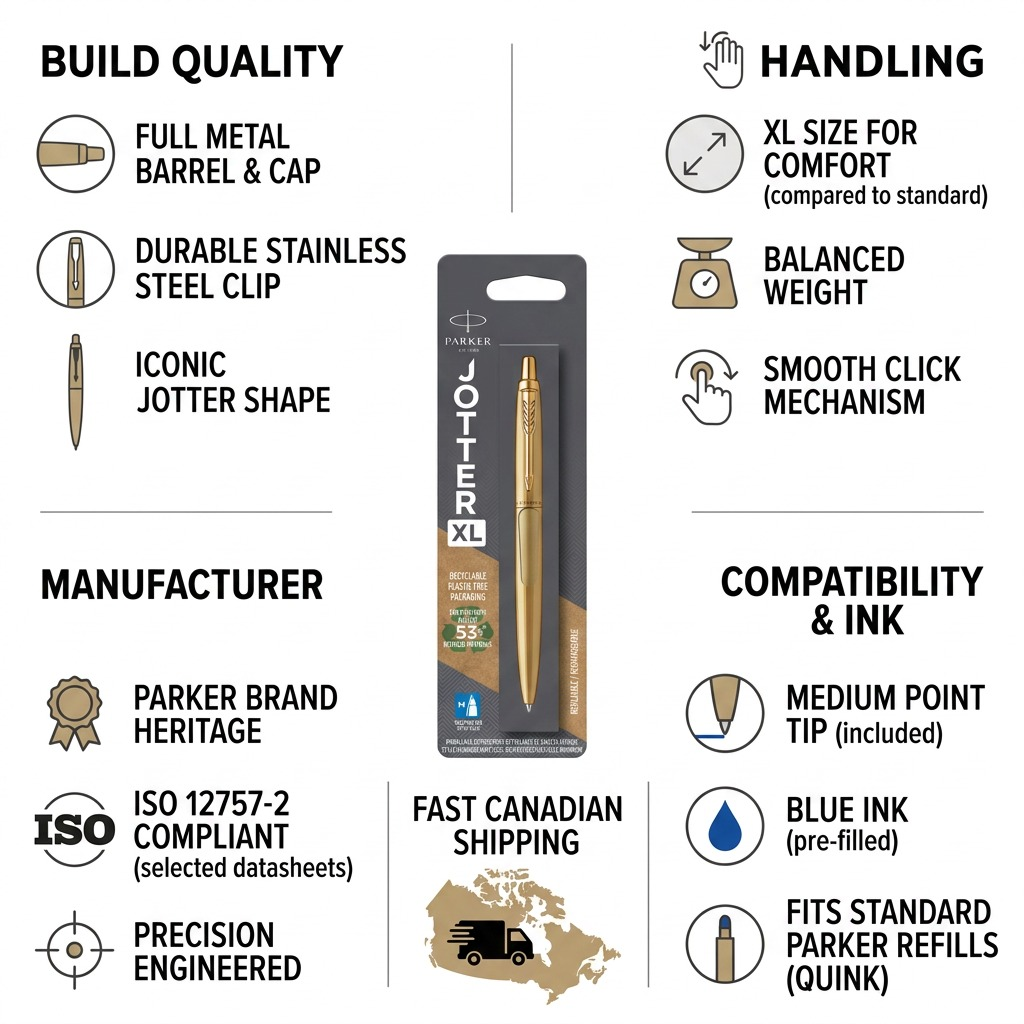 Infographic for Matte Gold Parker Jotter XL pen highlighting build quality, XL size, and blue ink.