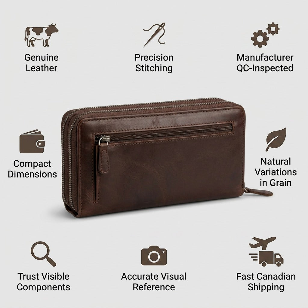 Mancini brown leather clutch wallet infographic highlighting genuine buffalo leather and craftsmanship.