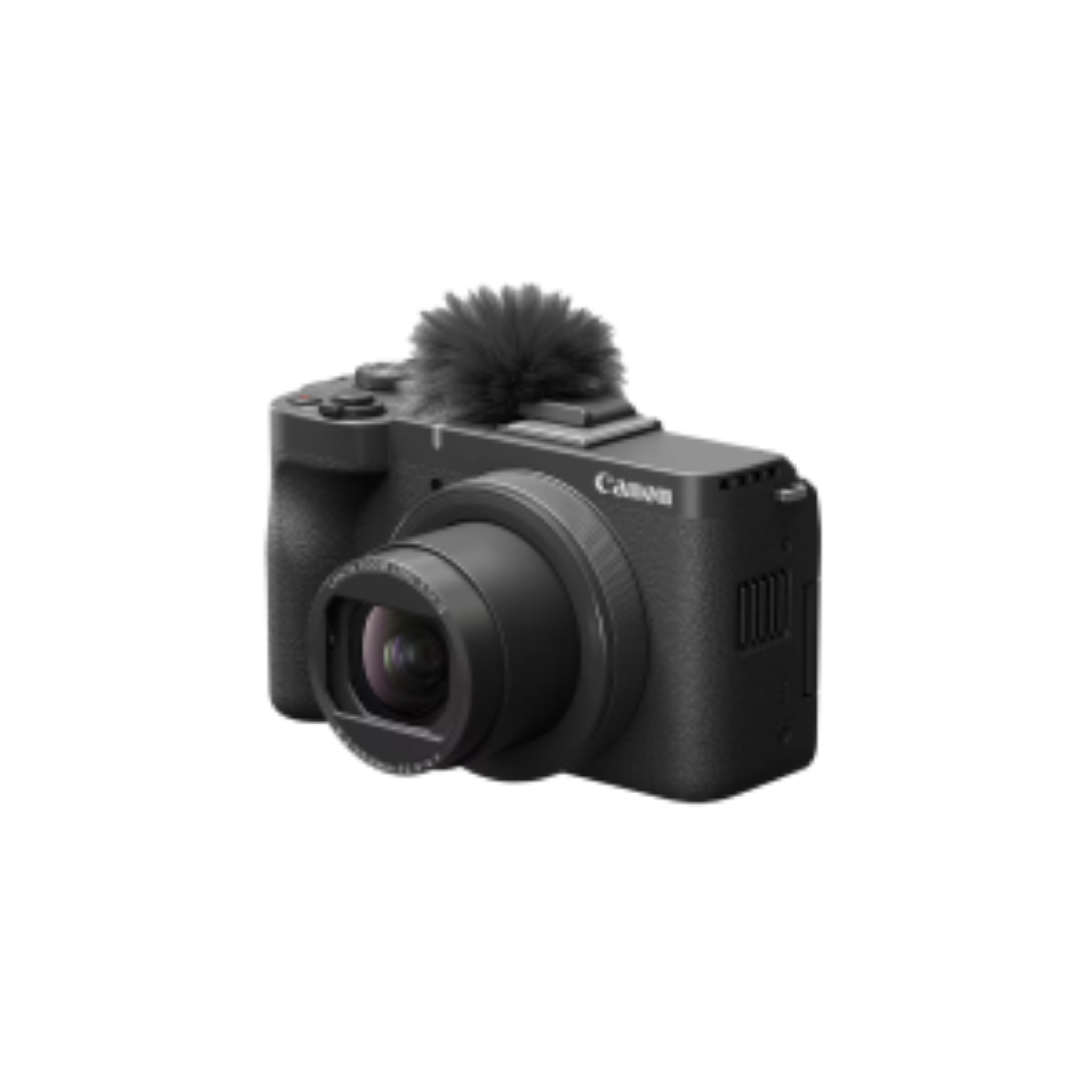 Black Canon PowerShot V10 4K vlog camera with ultra-wide zoom lens and a fuzzy microphone wind muff.