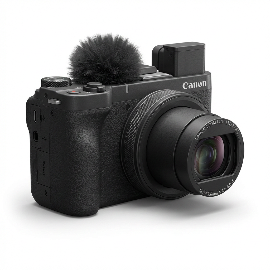 A photorealistic studio photograph of the Canon PowerShot V1 camera, angled to show the left side with its large lens and windscreen, on a white background.
