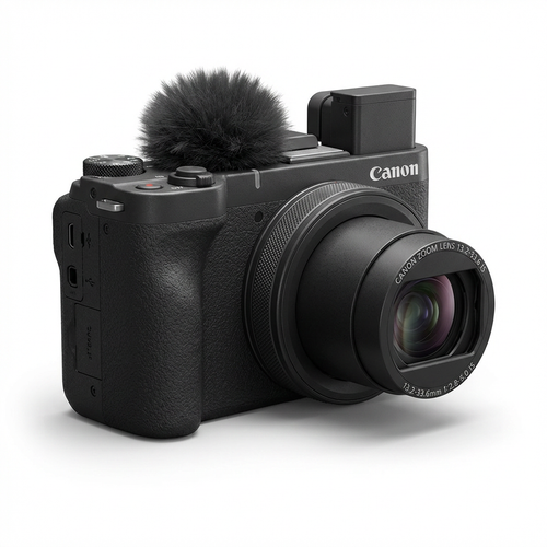 A photorealistic studio photograph of the Canon PowerShot V1 camera, angled to show the left side with its large lens and windscreen, on a white background.