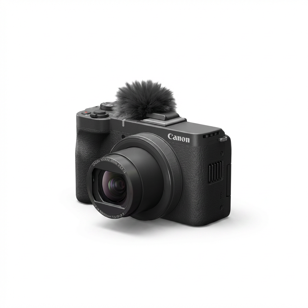 Photorealistic studio product photo of the black Canon PowerShot V1 camera, with the right side emphasized, on a pure white background with a soft shadow.