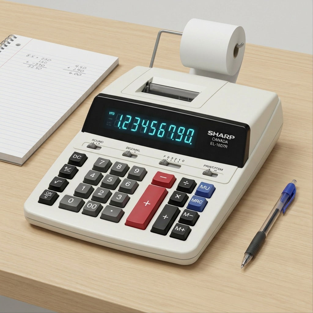 A photorealistic scale comparison of the EL-1607R calculator next to a coiled notebook and pen on a desk.