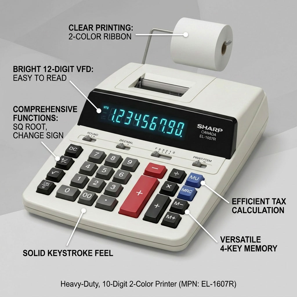 Feature callout graphic showing the EL-1607R with clear labels for its 2-color ribbon printing, 12-digit VFD, functions, key memory, and keys.