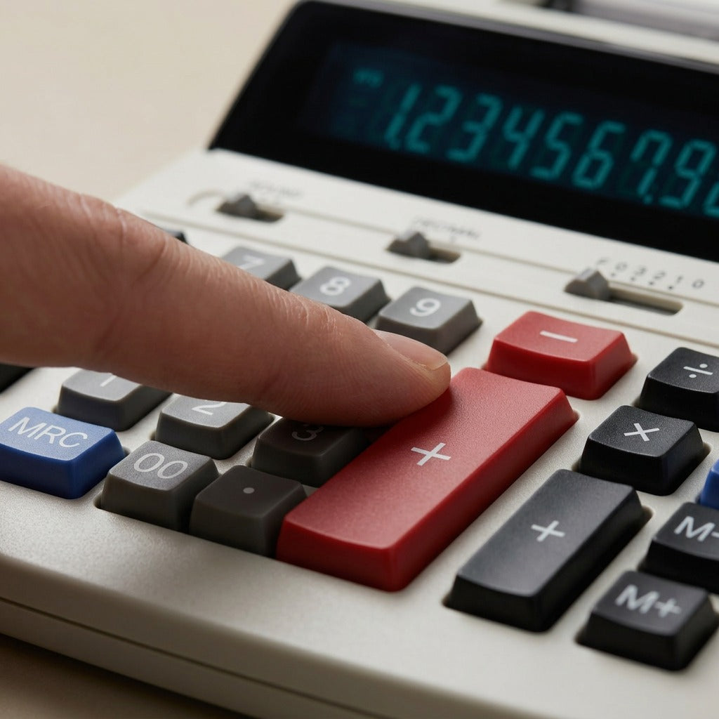 Macro close-up of the red "+" button, contrasting keypad textures, and clear, teal VFD characters.