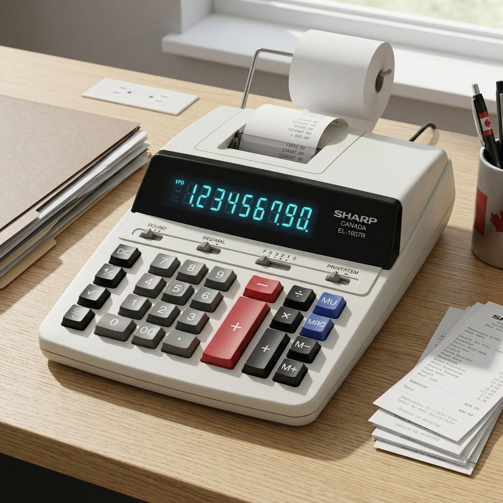 A realistic photo of the SHARP EL-1607R Printing Calculator in an office setting, actively printing on paper roll.
