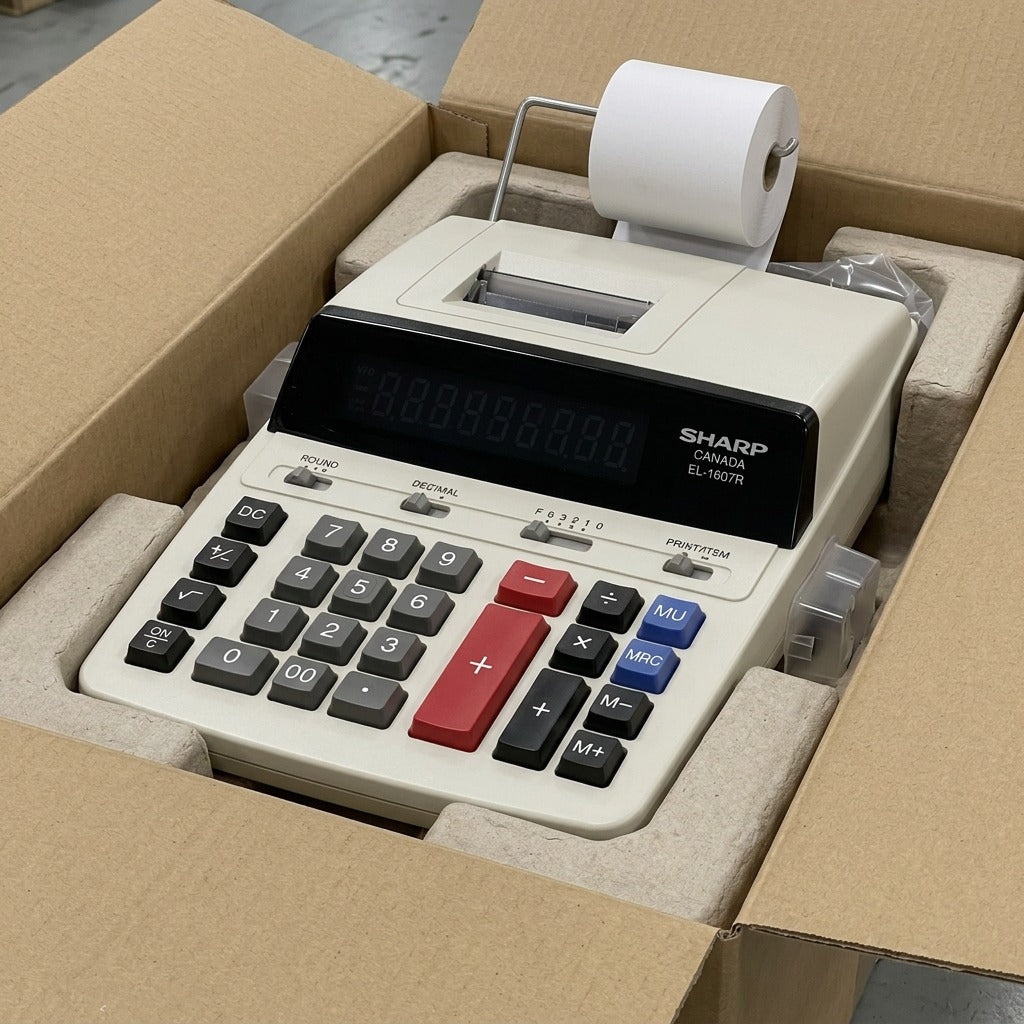 SHARP Canada EL-1607R calculator safely packed in a durable, molded pulp tray within a shipping box.