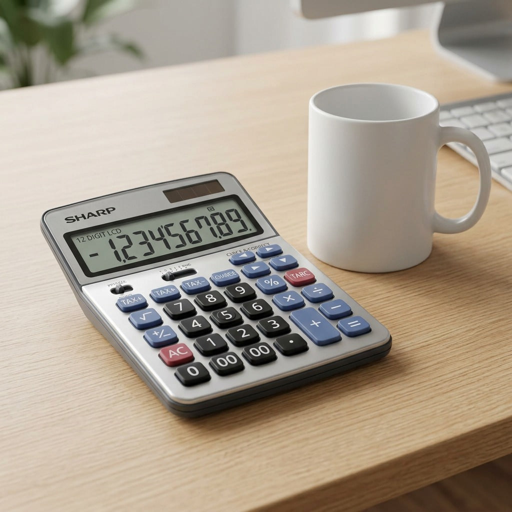 A SHARP EL782CS 12-digit semi-desktop calculator sits for scale beside a common ceramic coffee mug on a desk.