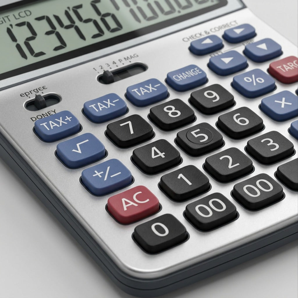 Macro detail shot of the SHARP calculator buttons and metallic finish texture.