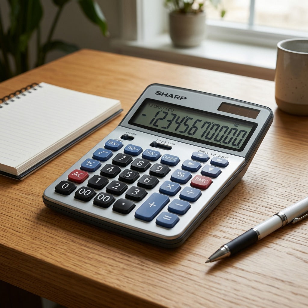 Sharp Canada EL782CS 12-digit calculator used on a wooden desk with a notebook and pen
