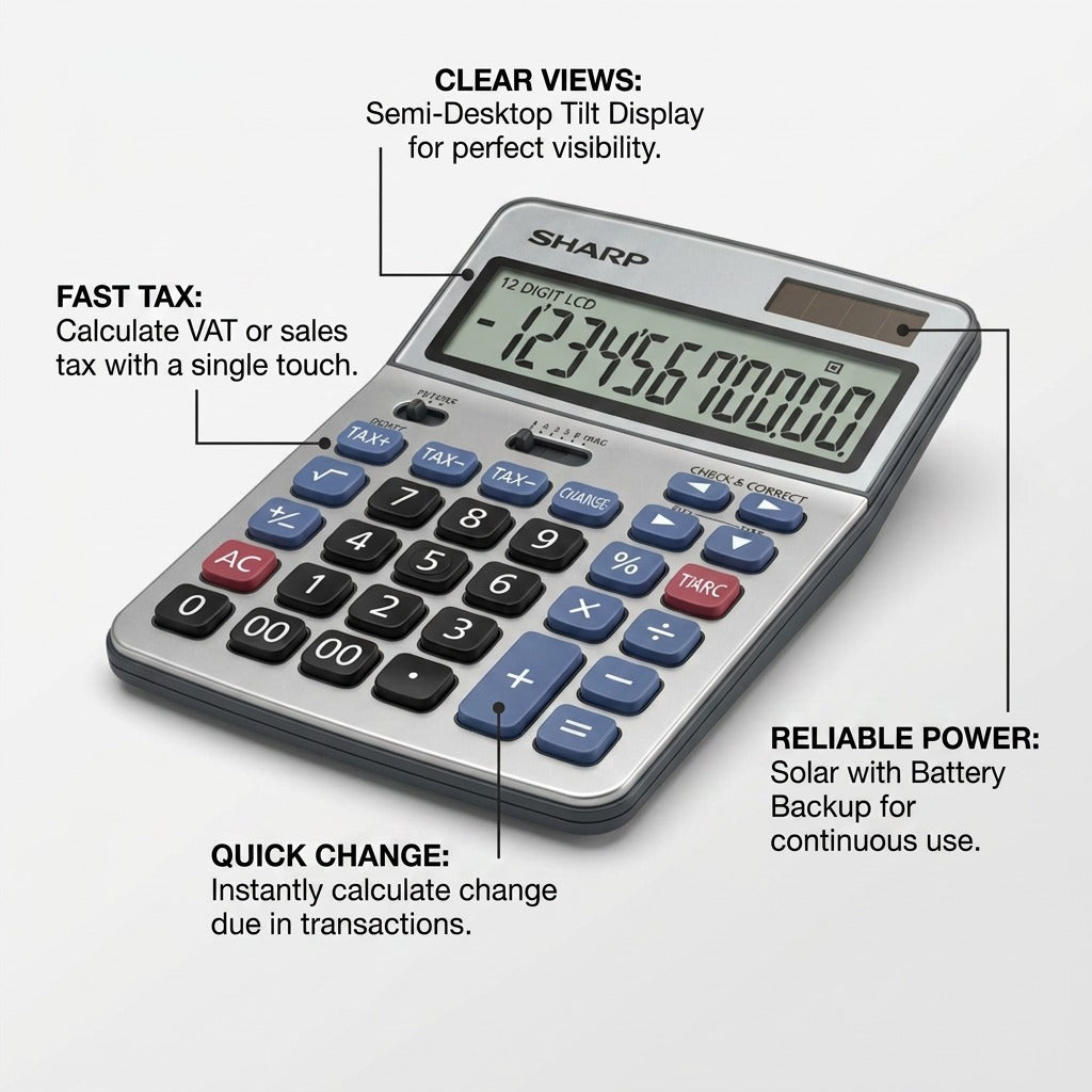 Polished infographic callout for the SHARP EL782CS calculator, highlighting four key operational features with short, factual captions and clean pointer lines on a neutral background.