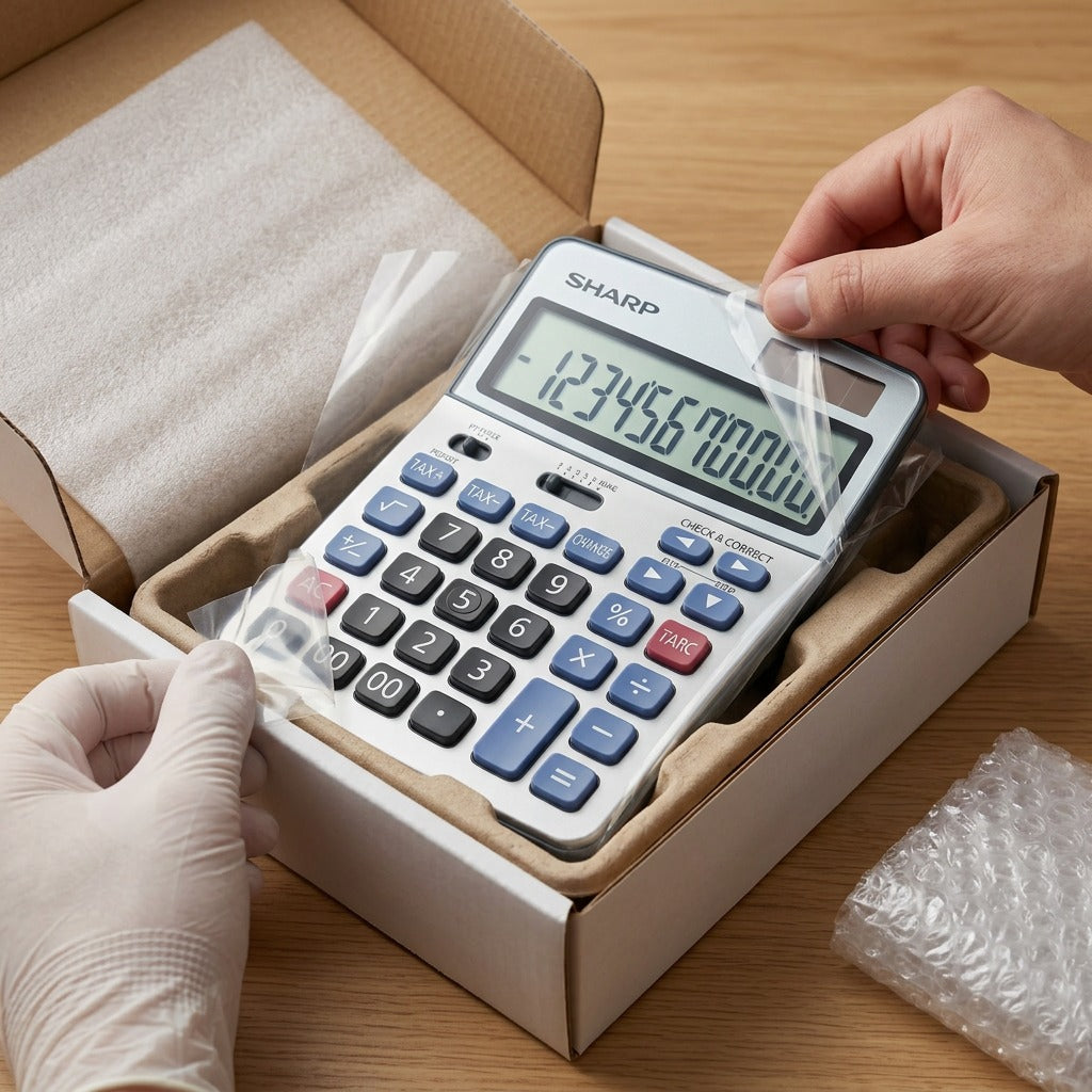 Realistic photo showing a new SHARP EL782CS calculator partly unpacked from its protective shipping box.