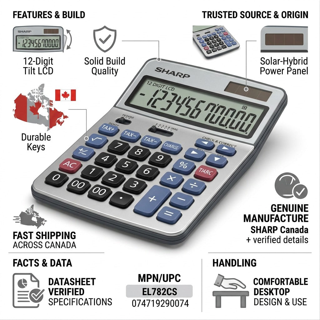 Informational infographic of SHARP EL782CS calculator with trust icons and Canadian shipping cues.