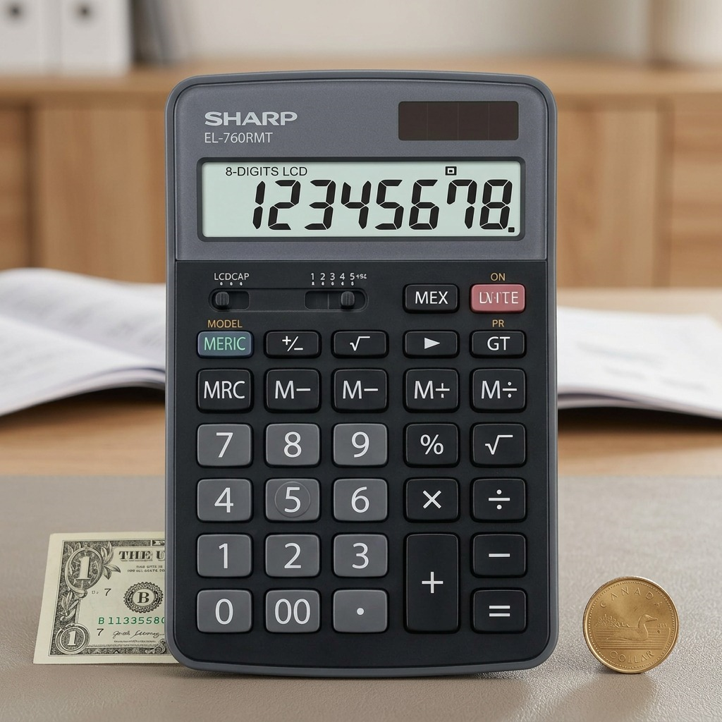 A photo of the Sharp EL-760RMT calculator beside a US quarter for scale reference on an office desk.