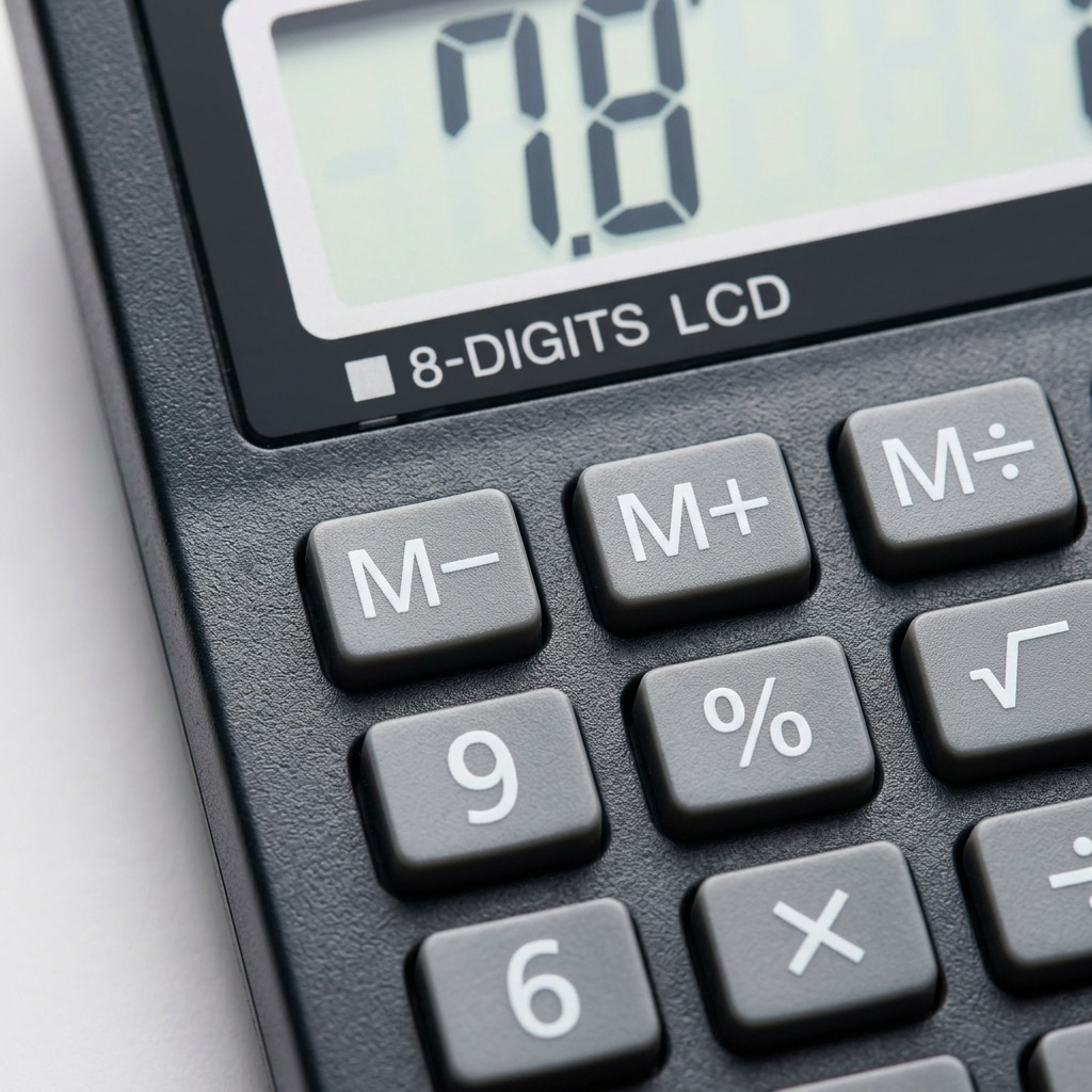 An extreme close-up photograph focusing on the high-quality, clearly printed keycaps and the precise LCD display digits of the calculator.