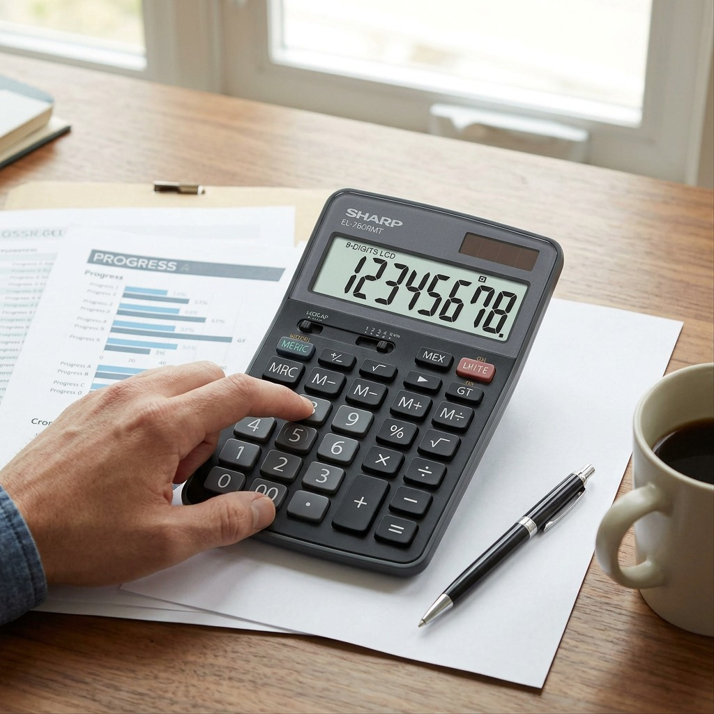 A lifestyle image featuring the SHARP EL-760RMT calculator on a wooden desk, used by a person for financial calculations, under natural light.