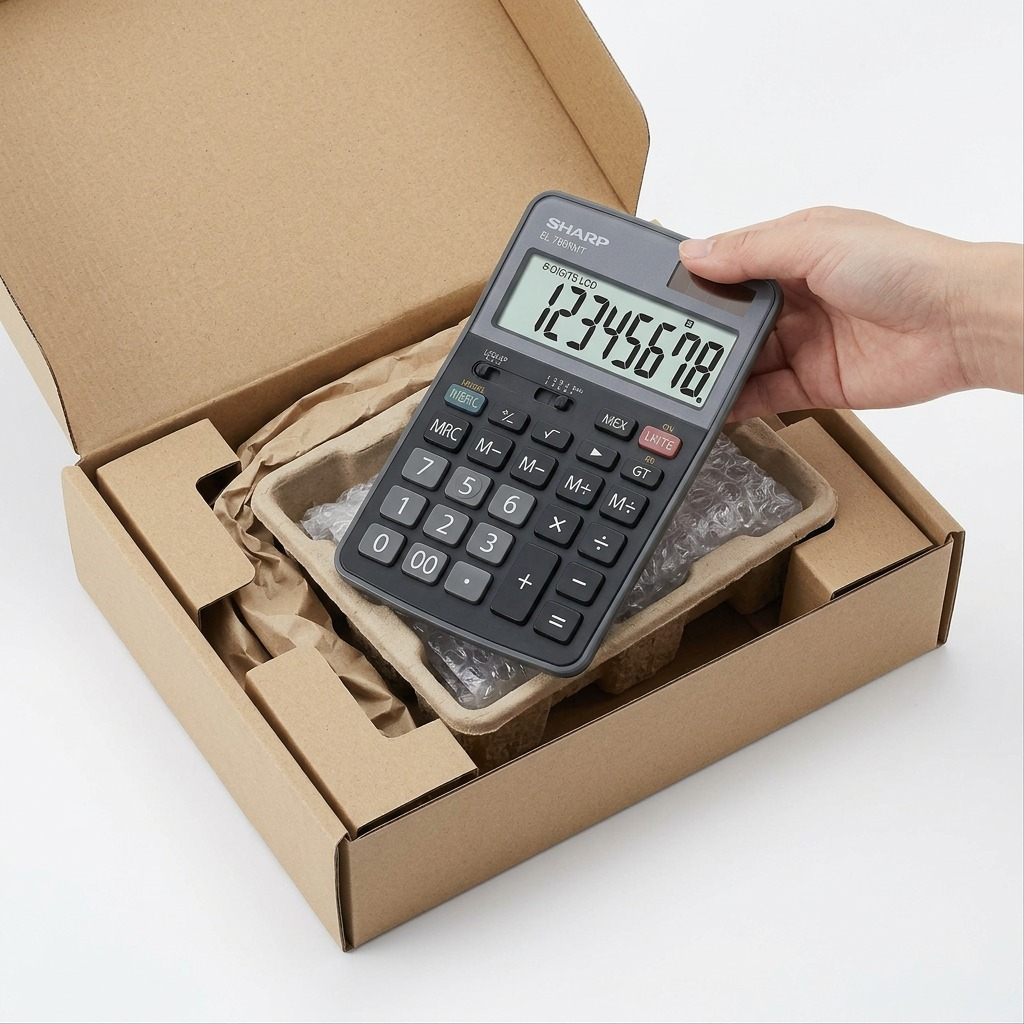 A photo showing the Sharp EL-760RMT calculator neatly inside its protective neutral shipping box.
