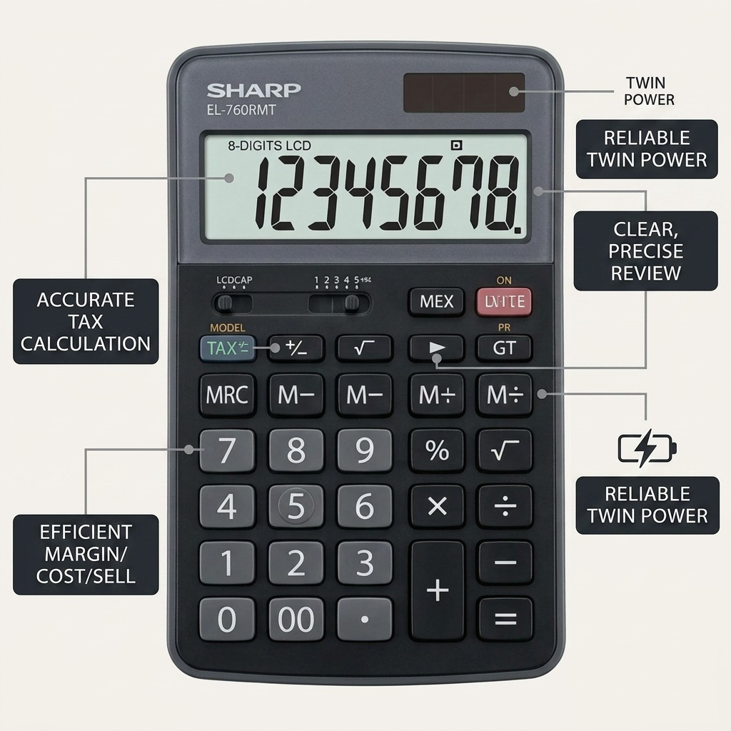 A factual feature callout image showing four key operational benefits of the SHARP EL-760RMT calculator.