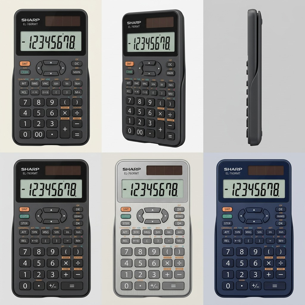 A 6-panel grid shows the SHARP EL-760RMT calculator in original charcoal gray and conceptual silver and navy finishes from multiple angles.