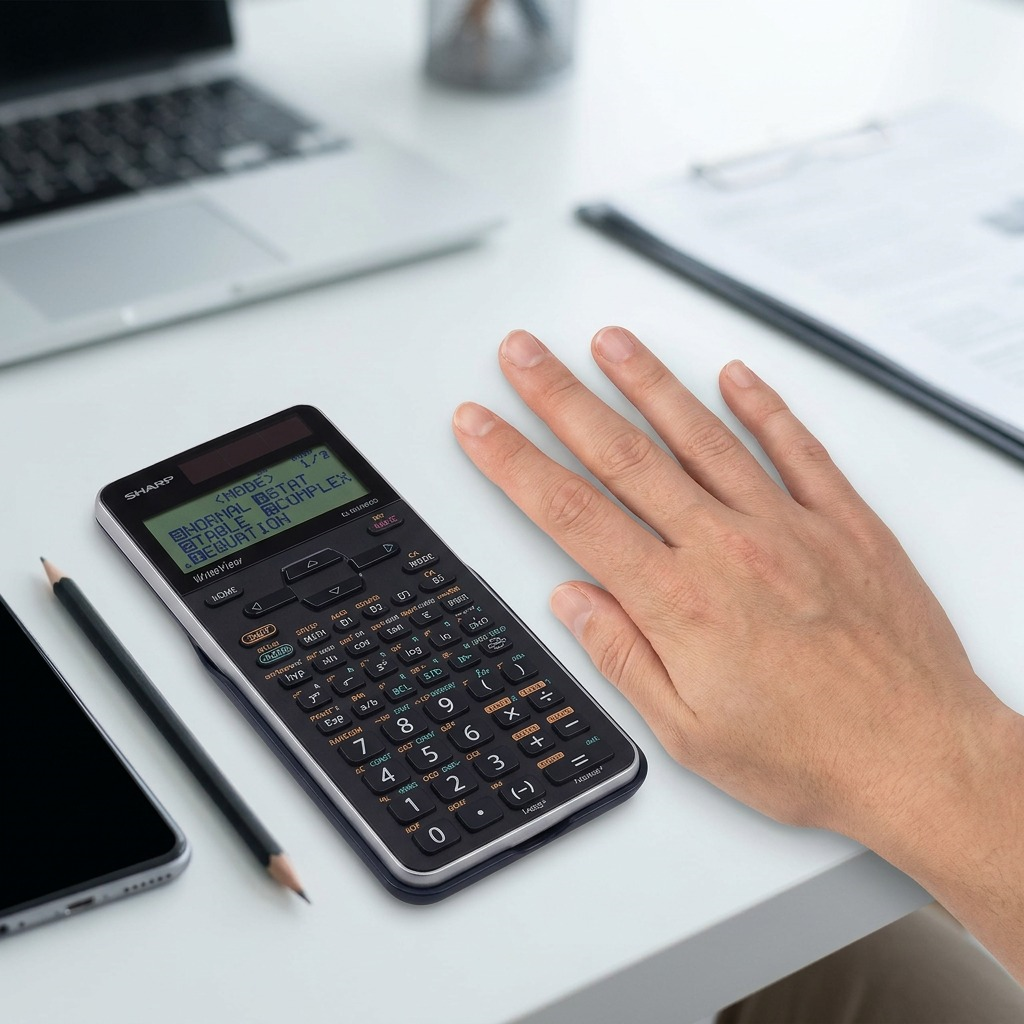 A clean e-commerce photo showing a Sharp ELW516XGBSL calculator in a realistic desk setting for scale.