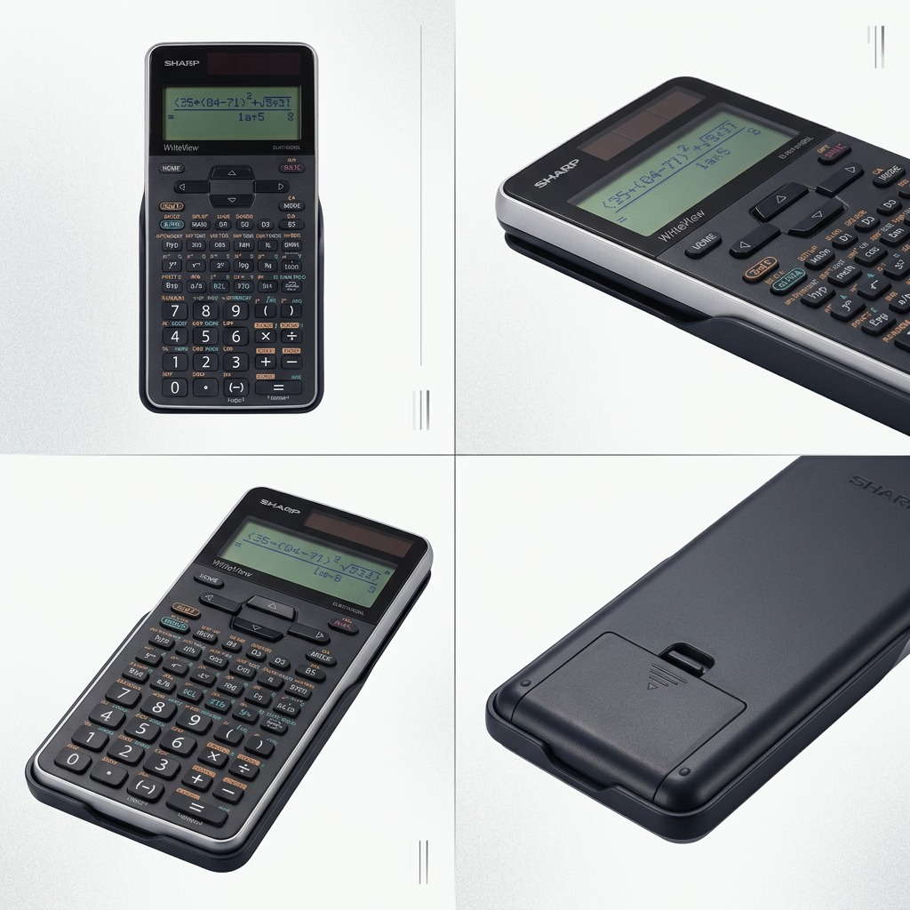 Matrix showcasing multiple realistic angles of the SHARP ELW516XGBSL calculator in a premium grid.