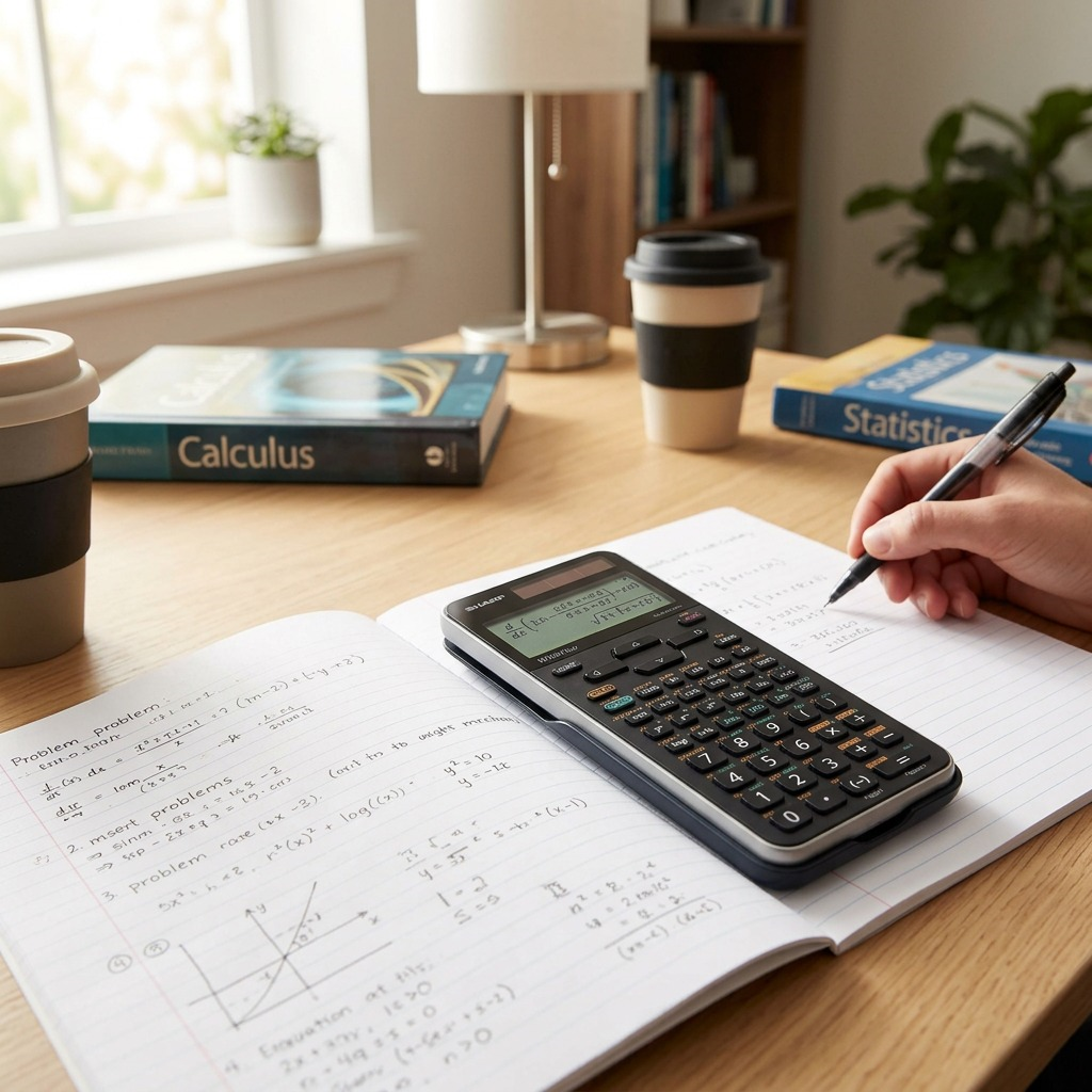 A lifestyle image featuring the SHARP ELW516XGBSL Scientific Calculator on a desk, next to a notepad and pen, in use by a college student studying.