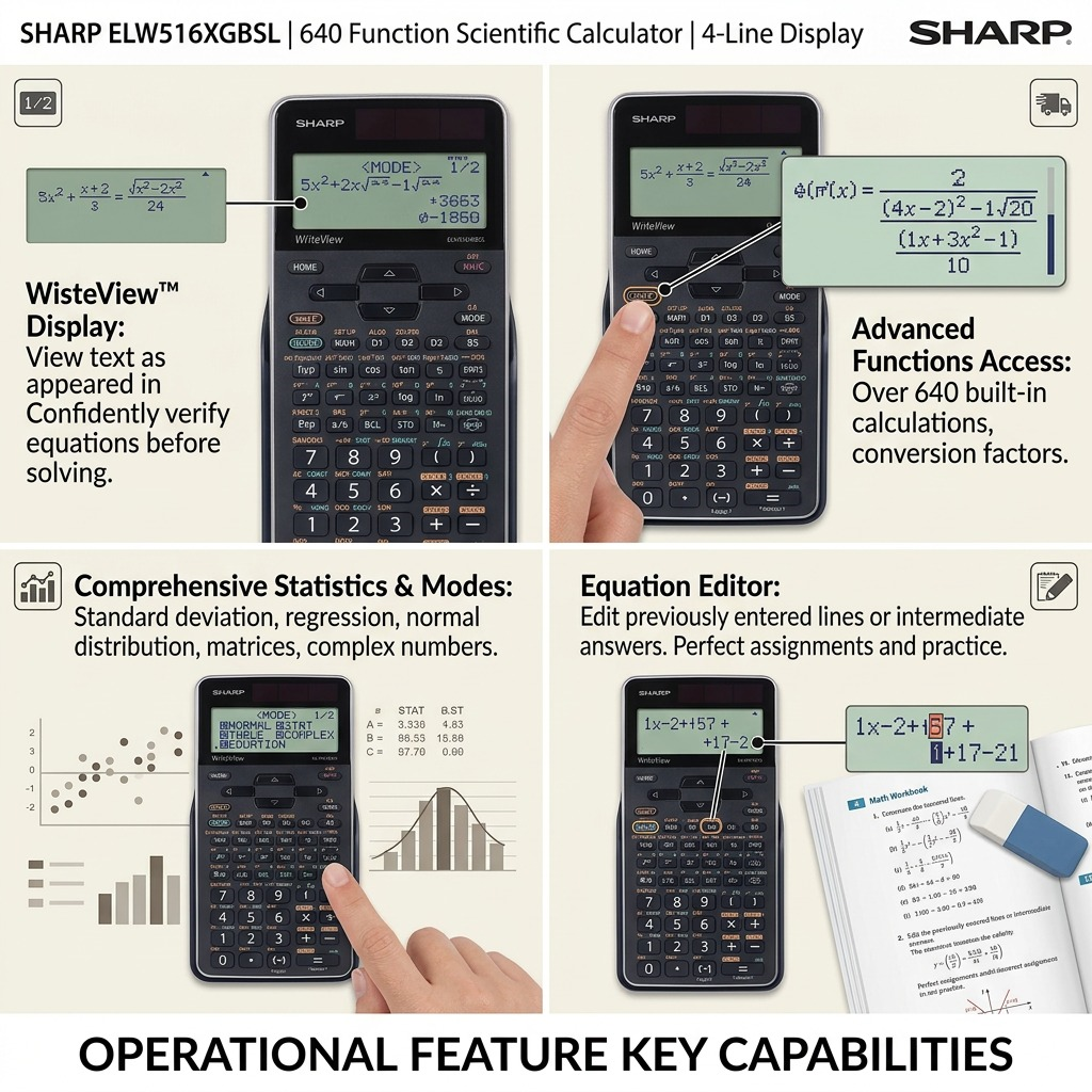 A 4-panel image matrix demonstrating operational features of the SHARP ELW516XGBSL calculator with concise callouts, clean lines, and an ecommerce-style presentation, highlighting specific mode and function capabilities from the product data.