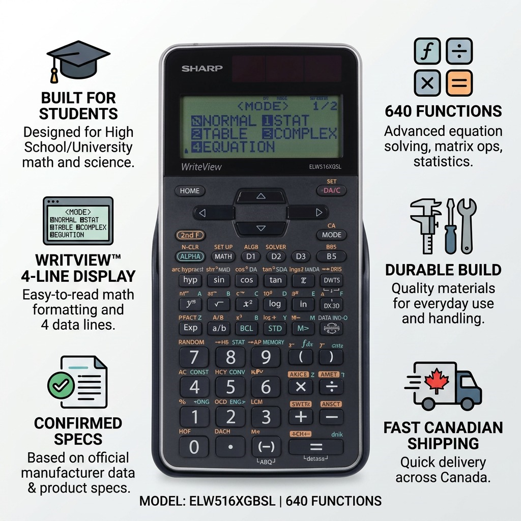 An infographic showing the SHARP ELW516XGBSL calculator with key confidence cues and Canadian shipping.