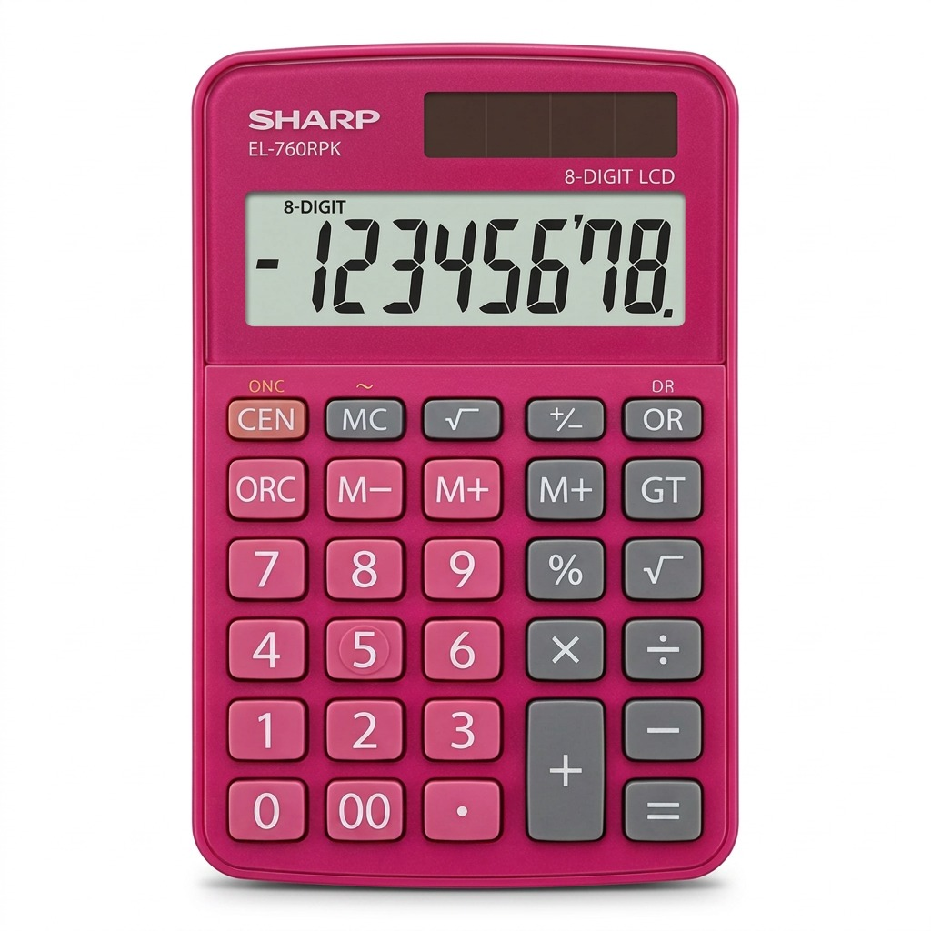 Pure white background features a centered raspberry pink SHARP EL-760RPK 8-digit calculator.
