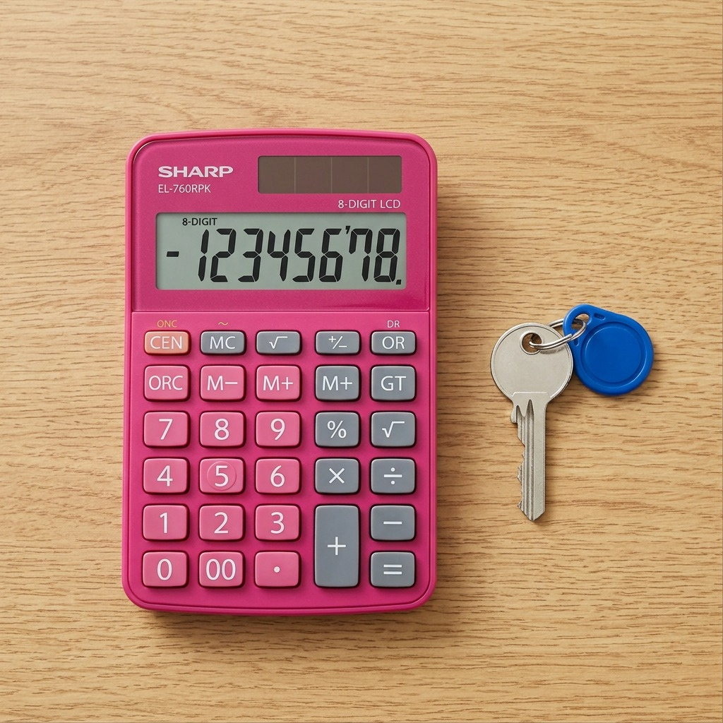 A top-down view of the Sharp EL-760RPK pink calculator placed next to a realistic standard house key on a wooden desk to provide a scale reference.