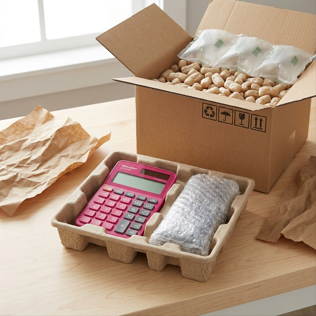 Unboxing shot of EL-760RPK calculator nestled securely in protective bubble wrap inside a sturdy dunnage-filled shipping carton.