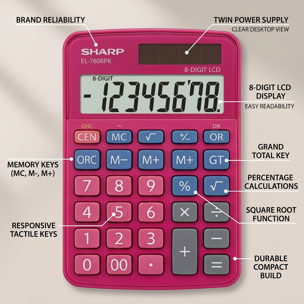 A feature callout graphic for the SHARP EL-760RPK calculator, showing key functions with descriptive text.