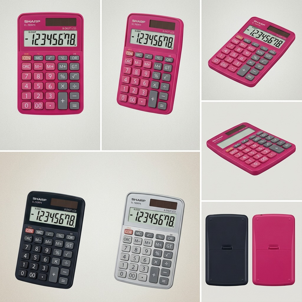 A 3x2 matrix of product images of a red calculator, which is also available in blue, orange, black, silver, and teal.